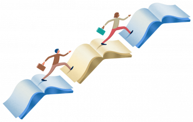 Characters climbing a path made of three open books